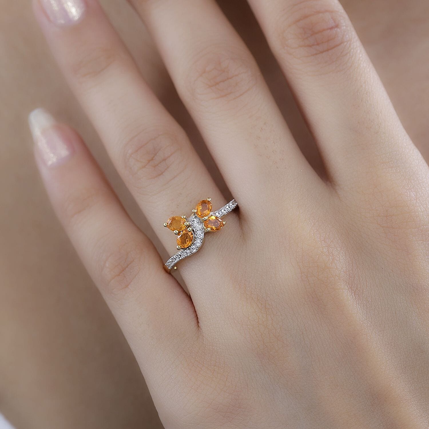 Salamanca Fire Opal and White Zircon 0.70 ctw Ring in 18K Vermeil Yellow Gold Over Sterling Silver (Size 11.5)