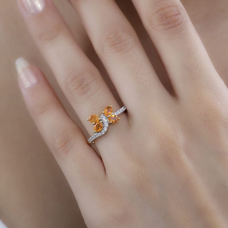 Salamanca Fire Opal and White Zircon 0.70 ctw Ring in 18K Vermeil Yellow Gold Over Sterling Silver (Size 11.5)