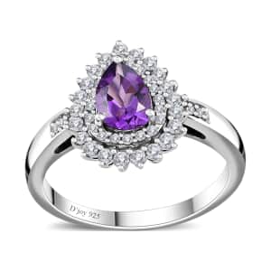 Uruguayan Amethyst and White Zircon Double Halo Ring in Platinum Over Sterling Silver (Size 10.0) 1.25 ctw
