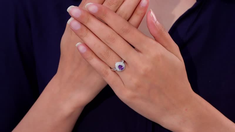 Uruguayan Amethyst, White Zircon Double Halo Ring in Platinum Over Sterling Silver (Size 10.0) 1.25 ctw