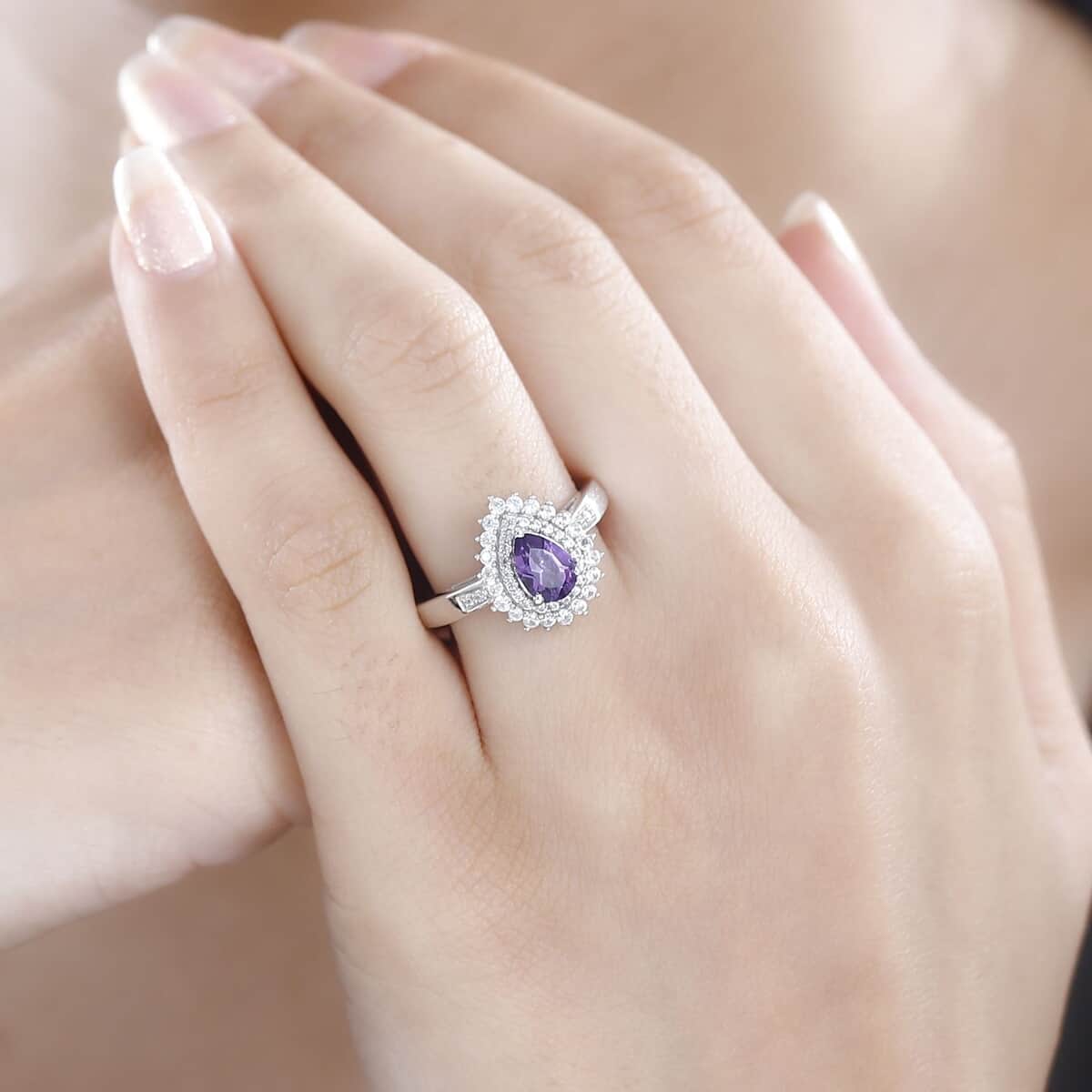 Uruguayan Amethyst, White Zircon Double Halo Ring in Platinum Over Sterling Silver (Size 10.0) 1.25 ctw image number 2