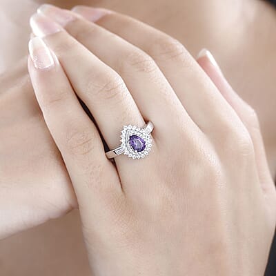Uruguayan Amethyst and White Zircon Double Halo Ring in Platinum Over Sterling Silver (Size 10.0) 1.25 ctw