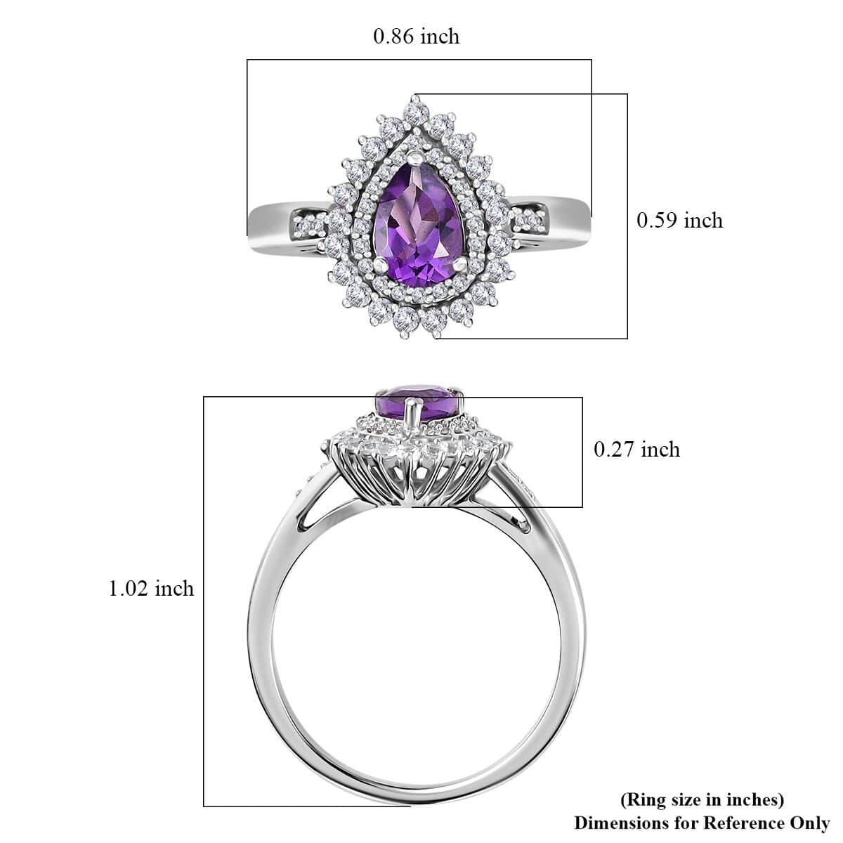 Uruguayan Amethyst and White Zircon Double Halo Ring in Platinum Over Sterling Silver (Size 10.0) 1.25 ctw image number 5