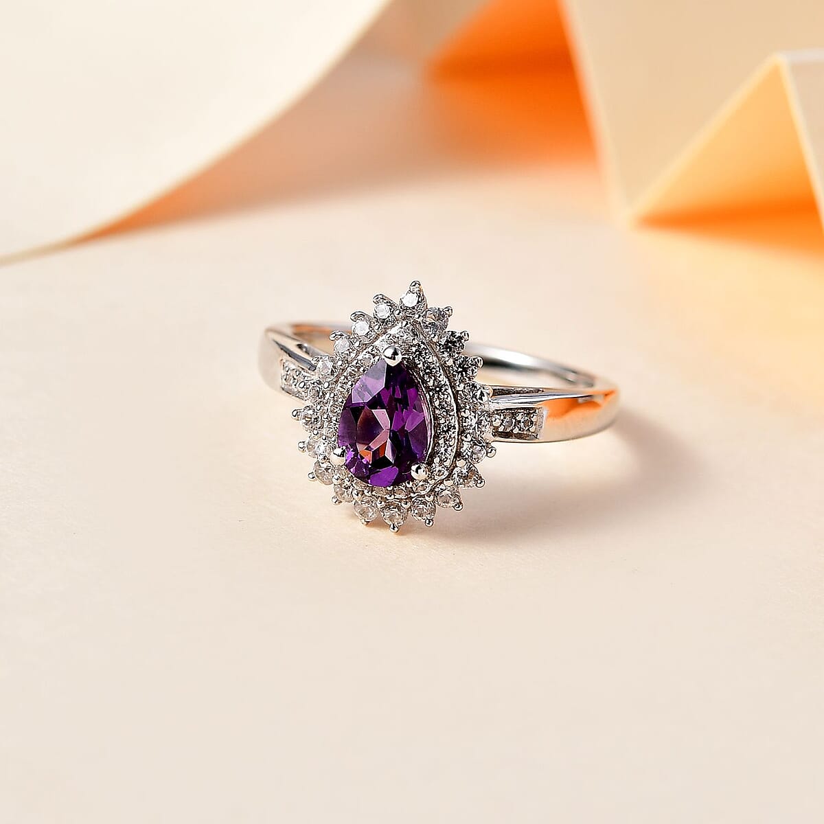 Uruguayan Amethyst and White Zircon Double Halo Ring in Platinum Over Sterling Silver (Size 8.0) 1.25 ctw image number 1