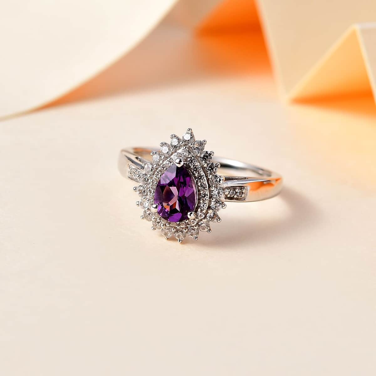 Uruguayan Amethyst and White Zircon Double Halo Ring in Platinum Over Sterling Silver (Size 9.0) 1.25 ctw image number 1