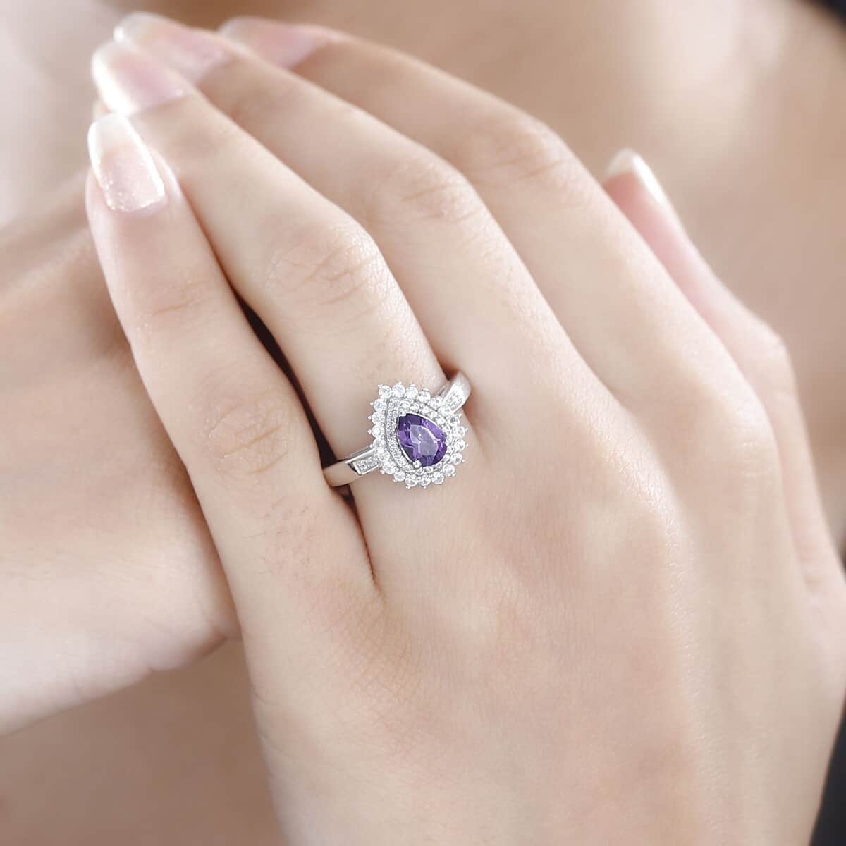 Uruguayan Amethyst and White Zircon Double Halo Ring in Platinum Over Sterling Silver (Size 9.0) 1.25 ctw image number 2