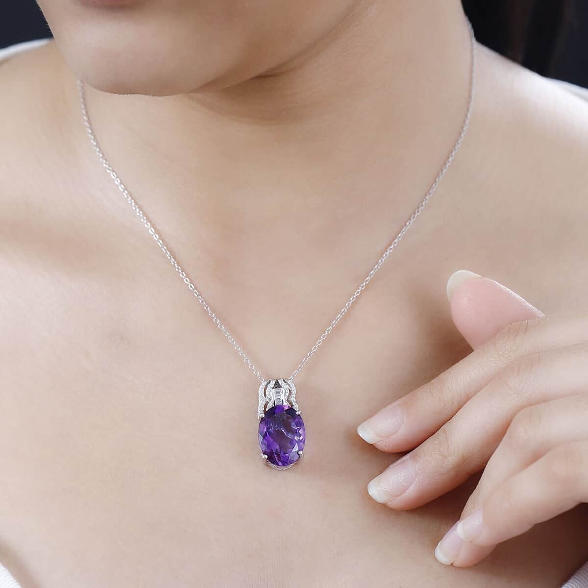 Premium Moroccan Amethyst and White Zircon Pendant in Platinum Over Sterling Silver 10.70 ctw image number 2