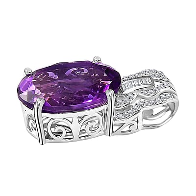D'Joy Premium Moroccan Amethyst and White Zircon Pendant without Chain in Platinum Over Sterling Silver 10.70 ctw