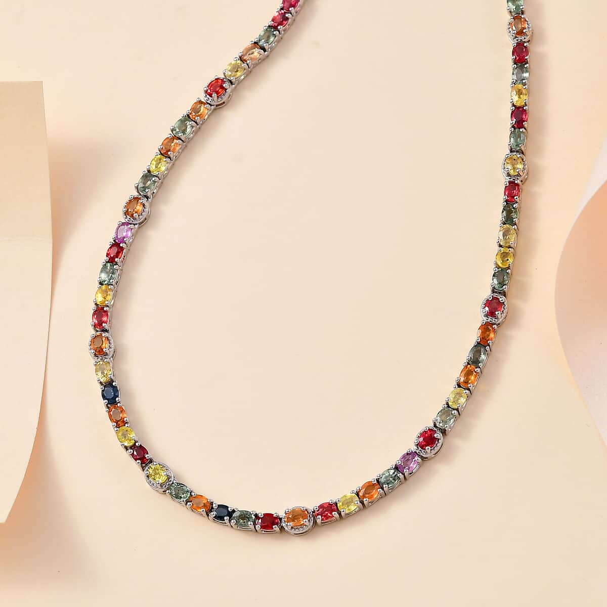 Multi Sapphire Tennis Necklace (18 Inches) in Platinum Over Sterling Silver 26.25 ctw image number 1