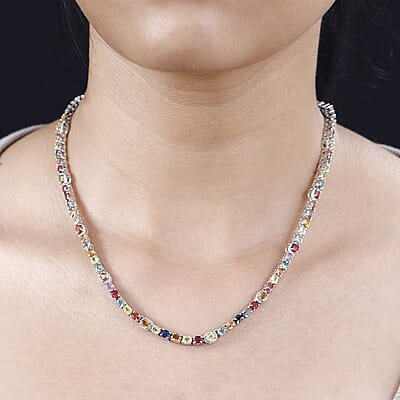 Multi Sapphire Tennis Necklace (18 Inches) in Platinum Over Sterling Silver 26.25 ctw