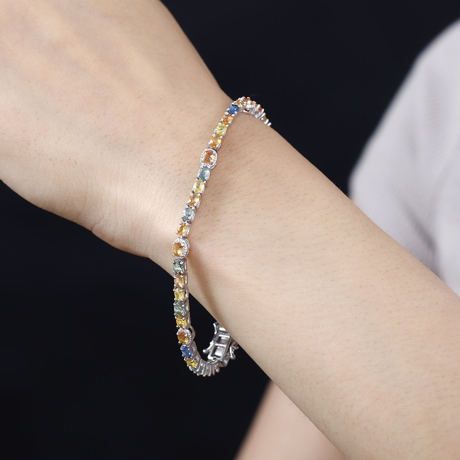 Multi Sapphire 925 Sterling Silver Platinum Plated Tennis Bracelet for - Picture 12 of 16