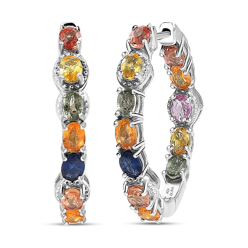 Multi Sapphire Hoop Earrings in Platinum Over Sterling Silver 5.65 ctw
