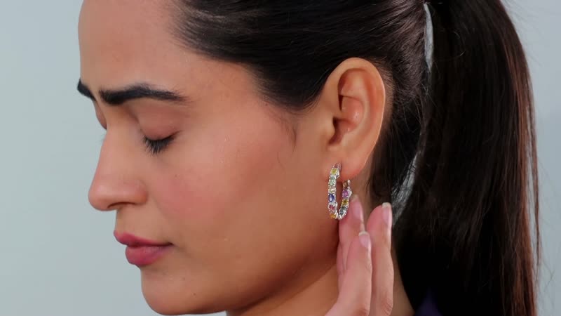 Multi Sapphire Hoop Earrings in Platinum Over Sterling Silver 5.65 ctw