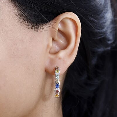 Multi Sapphire Hoop Earrings in Platinum Over Sterling Silver 5.65 ctw