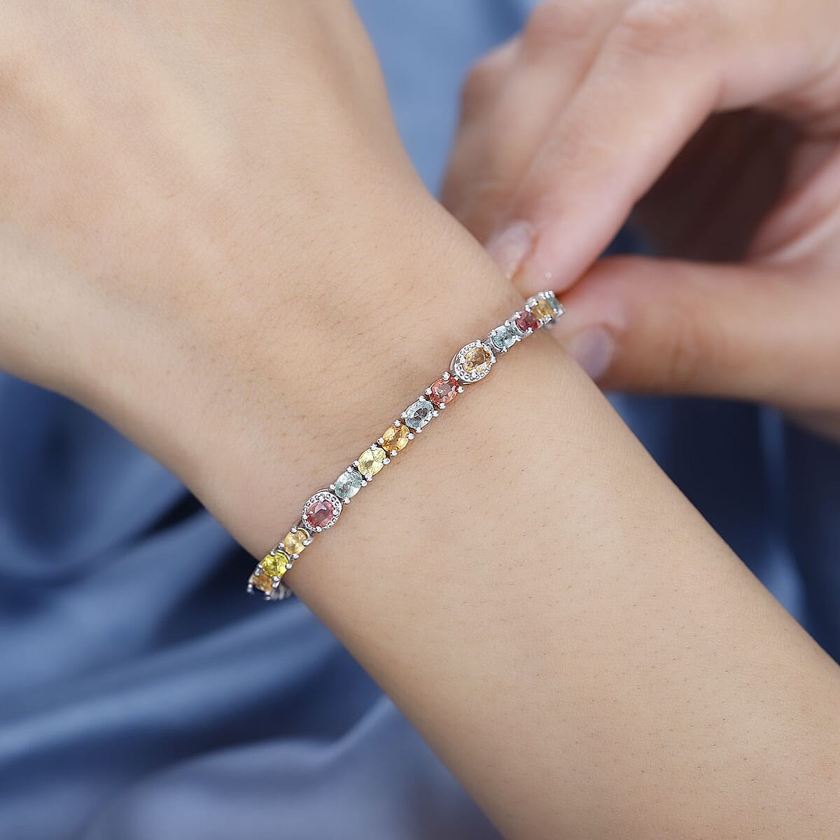 Multi Sapphire Tennis Bracelet in Platinum Over Sterling Silver (8.00 In) 10.35 ctw image number 2