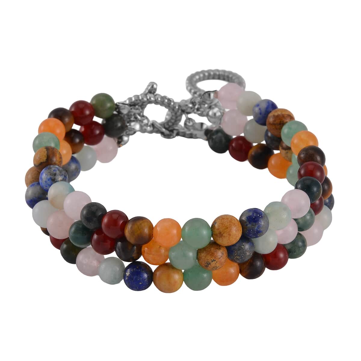 Multi Gemstone Beaded Toggle Clasp Bracelet in Stainless Steel (6.50-8.0In) 170.00 ctw image number 0