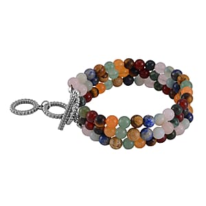 Multi Gemstone Beaded Toggle Clasp Bracelet in Stainless Steel (6.50-8.0In) 170.00 ctw