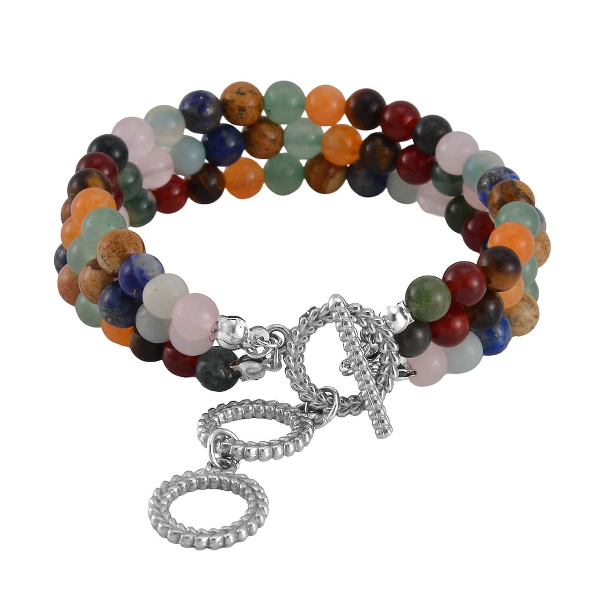 Multi Gemstone Beaded Toggle Clasp Bracelet in Stainless Steel (6.50-8.0In) 170.00 ctw image number 3