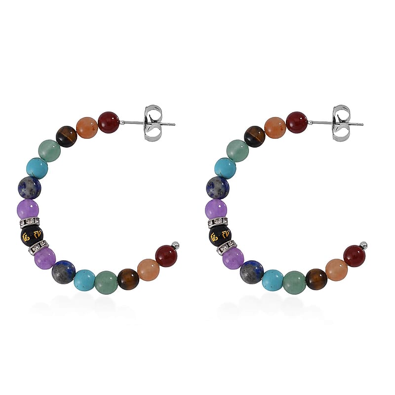 Multi Gemstone 30.00 ctw Beaded J-Hoop Chakra Earrings in Stainless Steel