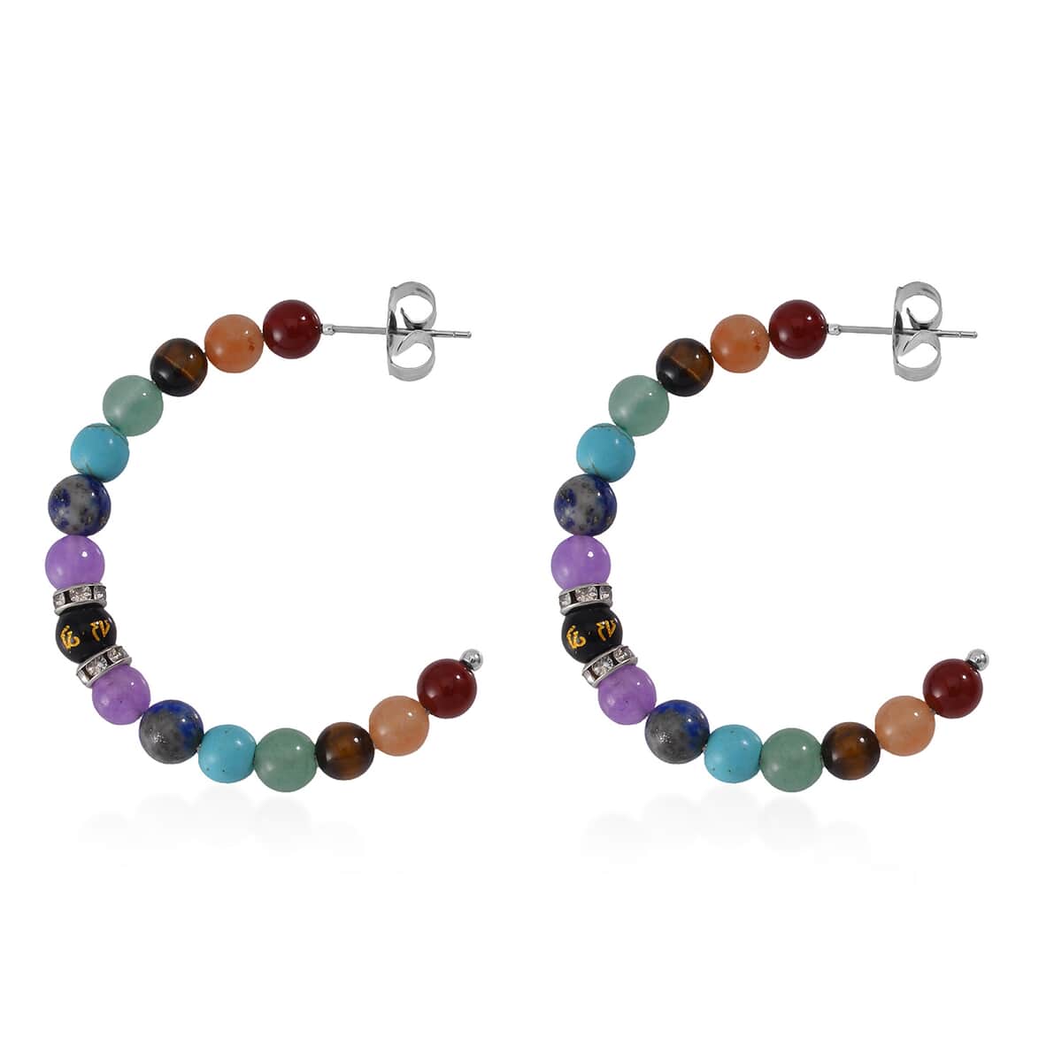 Multi Gemstone Beaded J-Hoop Earrings in Stainless Steel 30.00 ctw image number 1