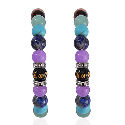 Multi Gemstone 30.00 ctw Beaded J-Hoop Chakra Earrings in Stainless Steel