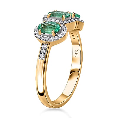 Certified & Appraised Luxoro AAA Boyaca Colombian Emerald and G-H I2 Diamond 1.40 ctw Trilogy Ring in 14K Yellow Gold (Size 10.0)