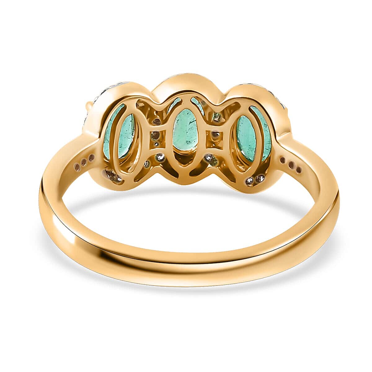 Certified & Appraised Luxoro AAA Boyaca Colombian Emerald and G-H I2 Diamond 1.40 ctw Trilogy Ring in 14K Yellow Gold (Size 10.0)