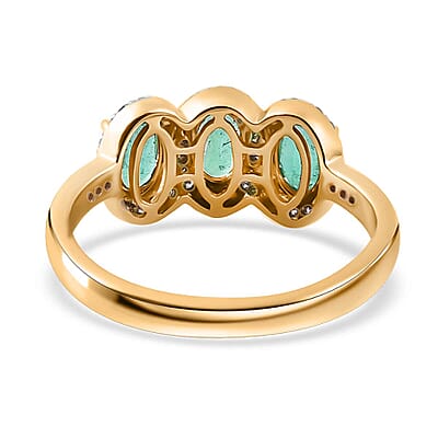 Certified & Appraised Luxoro AAA Boyaca Colombian Emerald and G-H I2 Diamond 1.40 ctw Trilogy Ring in 14K Yellow Gold (Size 10.0)