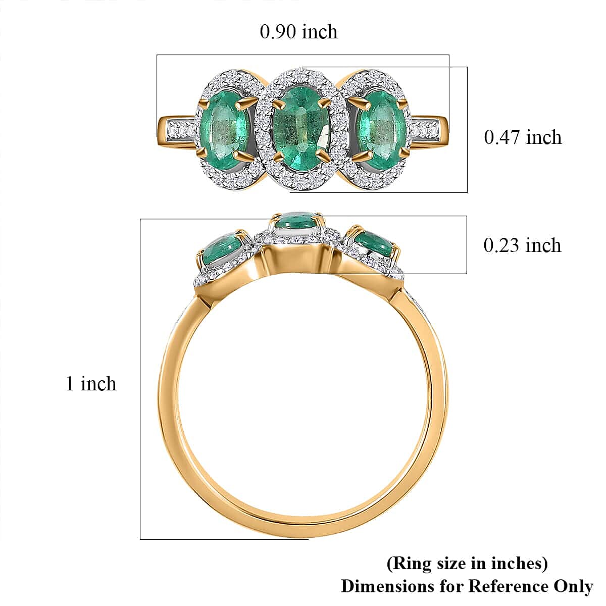 Certified & Appraised Luxoro AAA Boyaca Colombian Emerald and G-H I2 Diamond 1.40 ctw Trilogy Ring in 14K Yellow Gold (Size 10.0)