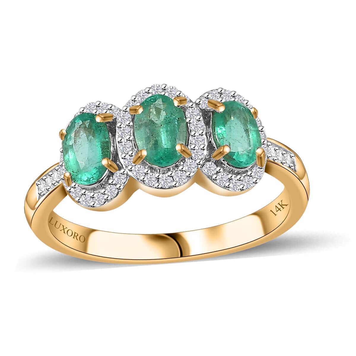 Cerified & Appraised Luxoro AAA Boyaca Colombian Emerald and G-H I2 Diamond 1.40 ctw Trilogy Ring in 14K Yellow Gold (Size 9.0) image number 0