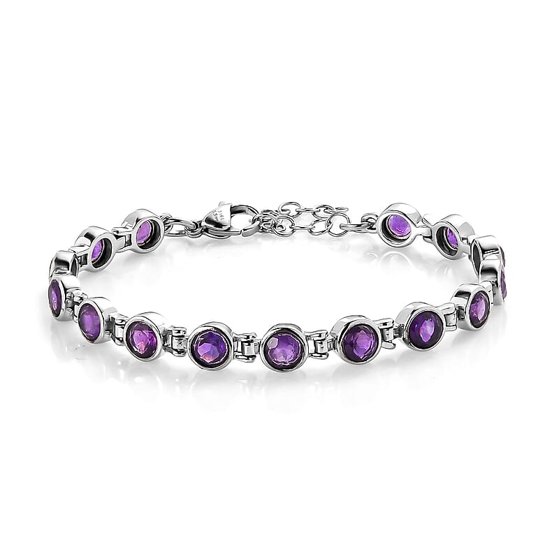 African Amethyst Link Bracelet in Stainless Steel 7.20 (6.50 In) 7.35 ctw