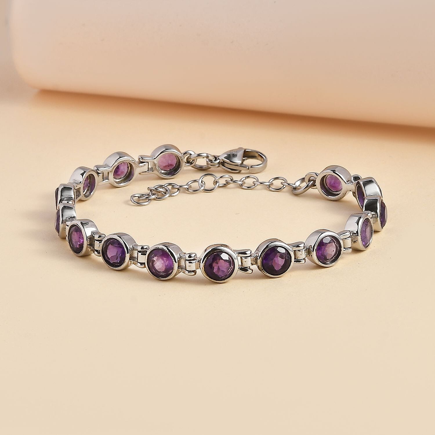 African Amethyst Link Bracelet in Stainless Steel 7.20 (6.50 In) 7.35 ctw