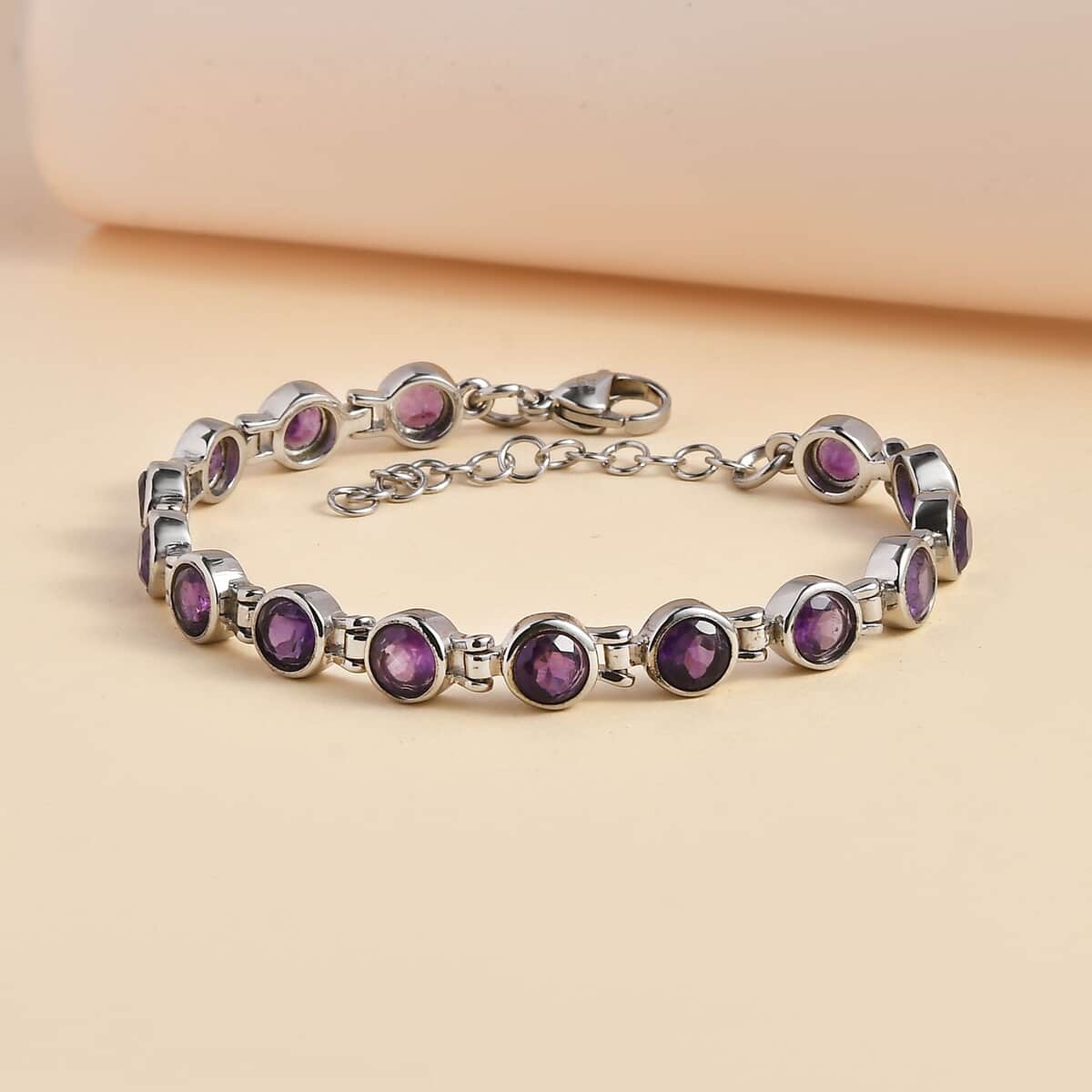 African Amethyst Link Bracelet in Stainless Steel 7.20 (6.50 In) 7.35 ctw image number 1