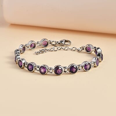 African Amethyst Link Bracelet in Stainless Steel 7.20 (6.50 In) 7.35 ctw