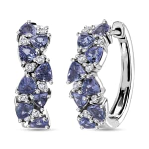 Tanzanite and White Zircon Hoop Earrings in Rhodium Over Sterling Silver 3.00 ctw