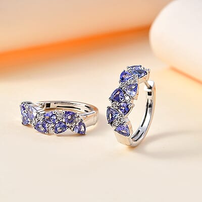 Tanzanite and White Zircon Hoop Earrings in Rhodium Over Sterling Silver 3.00 ctw