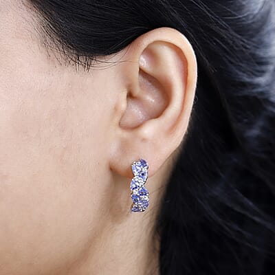 Tanzanite and White Zircon Hoop Earrings in Rhodium Over Sterling Silver 3.00 ctw