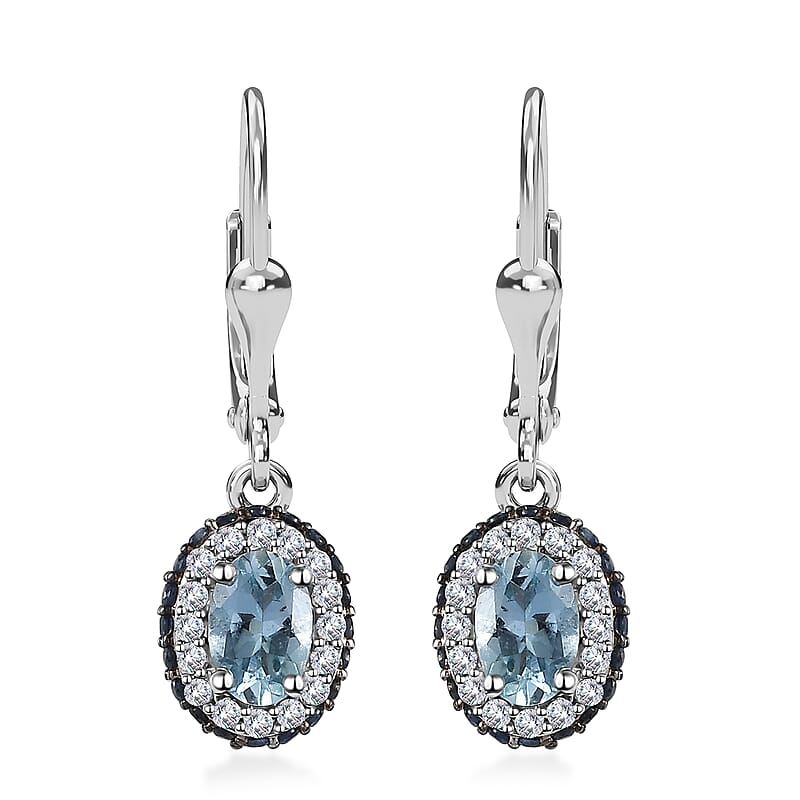 D'Joy Premium Santa Maria Aquamarine and Multi Gemstone Lever Back Earrings in Platinum Over Sterling Silver 1.60 ctw