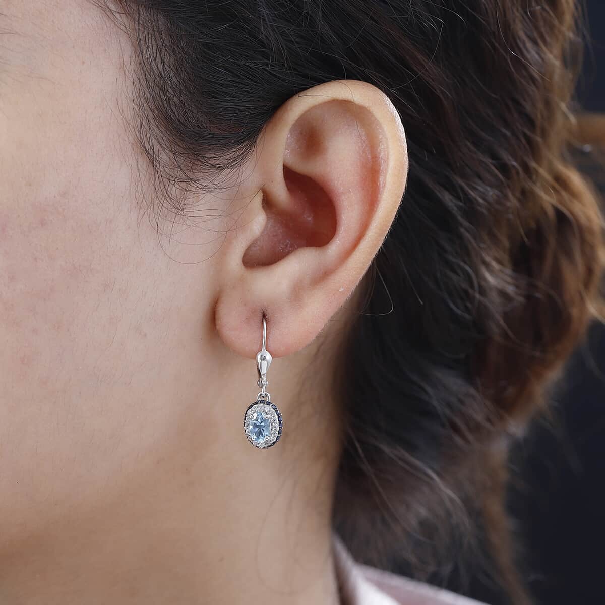 Premium Santa Maria Aquamarine and Multi Gemstone Lever Back Earrings in Platinum Over Sterling Silver 1.60 ctw image number 2