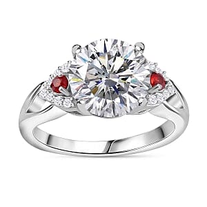 White Moissanite and Red Sapphire 3.68 ctw Ring in Rhodium Over Sterling Silver (Size 8)