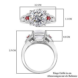 White Moissanite and Red Sapphire 3.68 ctw Ring in Rhodium Over Sterling Silver (Size 8)