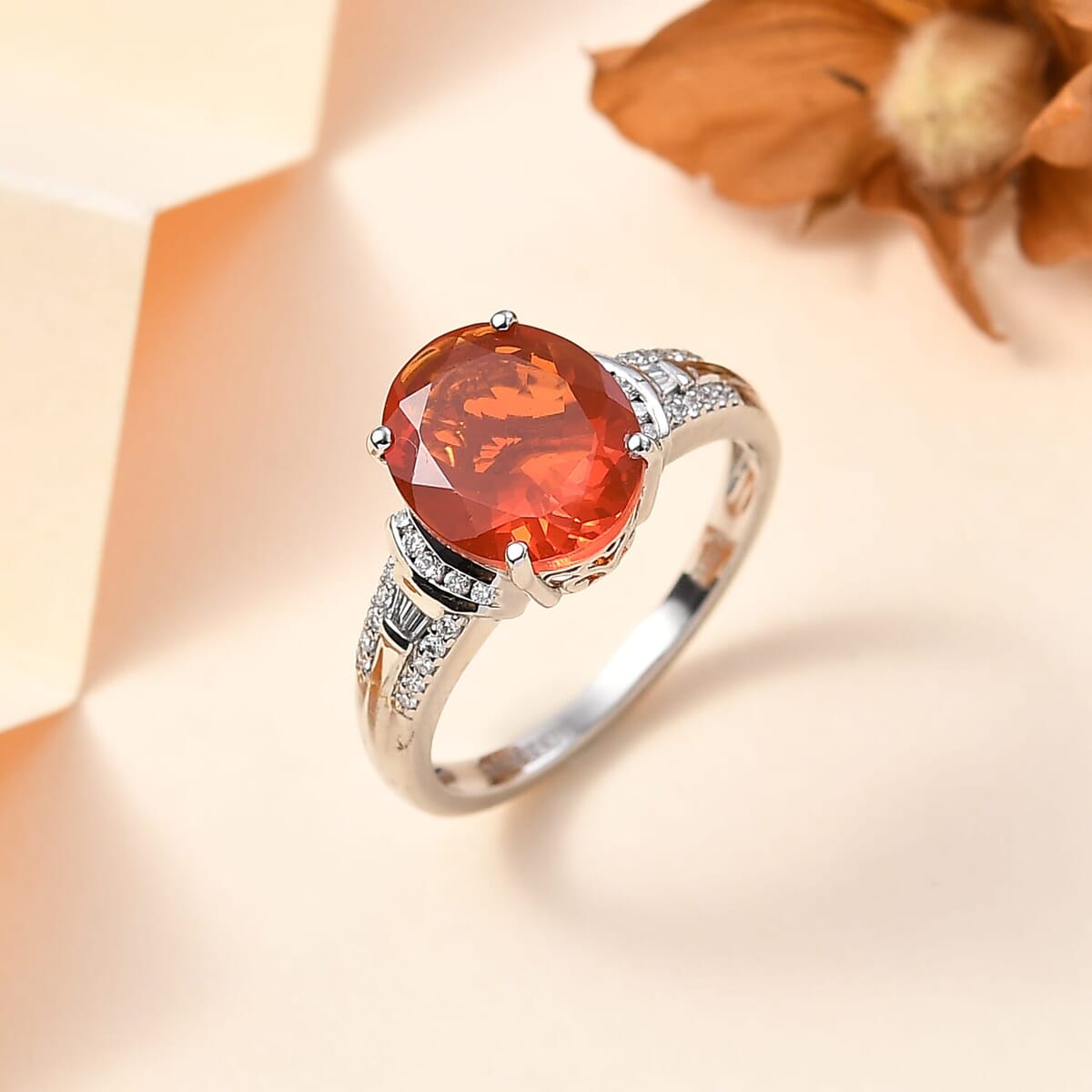 Rhapsody AAAA Fire Opal and E-F VS White Diamond 3.15 ctw Ring in 950 Platinum (Size 6.0) 6.75 Grams image number 1