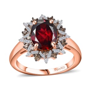 Tanzanian Wine Garnet, Natural Champagne and White Diamond Sunflower Ring in 18K Vermeil Rose Gold Over Sterling Silver (Size 10.0) 2.35 ctw