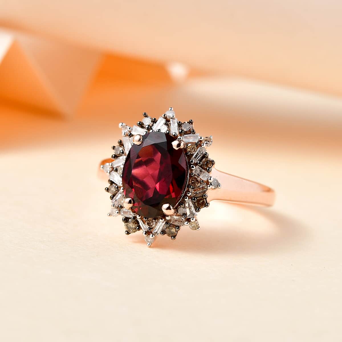 Tanzanian Wine Garnet, Natural Champagne and White Diamond Sunflower Ring in 18K Vermeil Rose Gold Over Sterling Silver (Size 10.0) 2.35 ctw image number 1