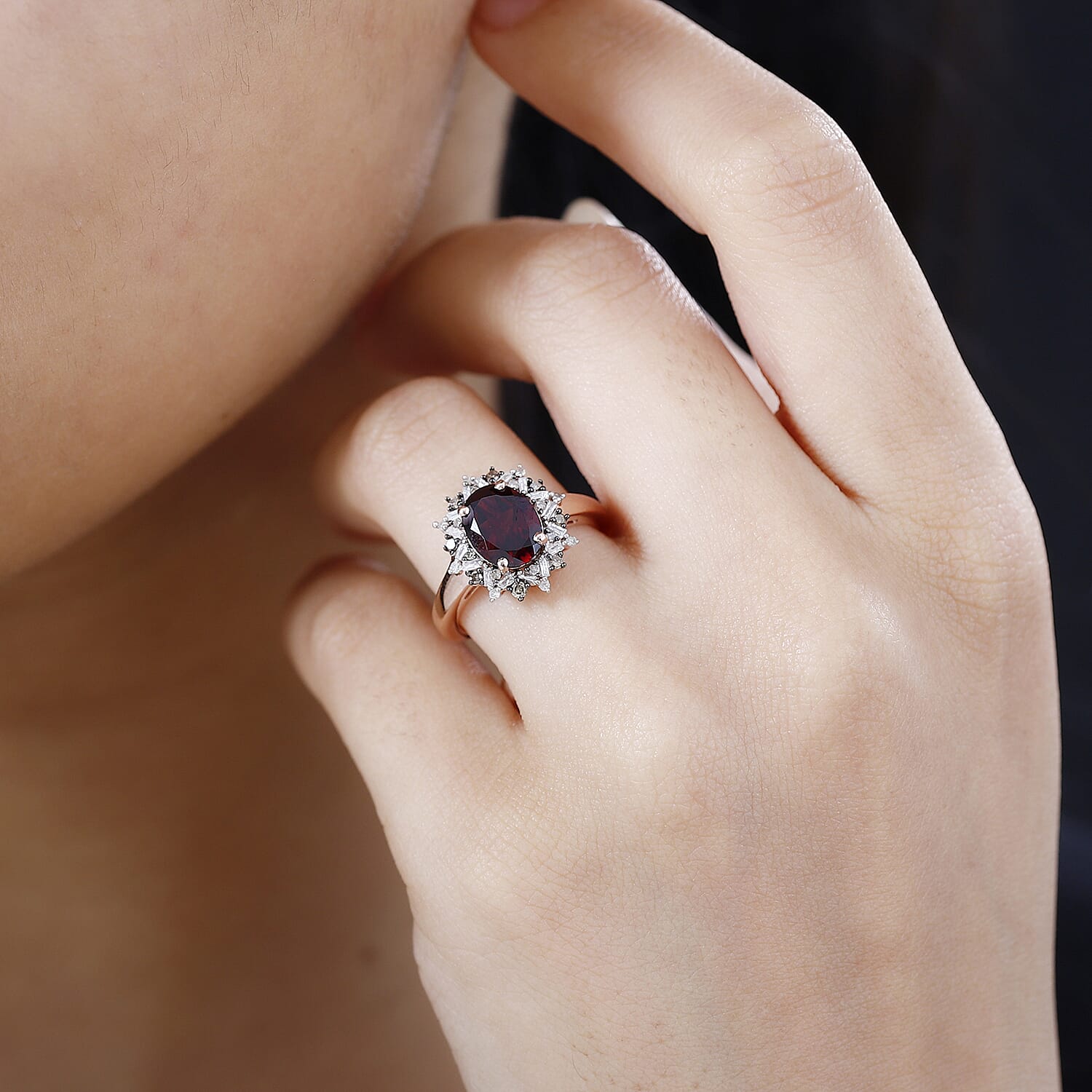 Tanzanian Wine Garnet, Natural Champagne and White Diamond Sunflower Ring in 18K Vermeil Rose Gold Over Sterling Silver (Size 10.0) 2.35 ctw