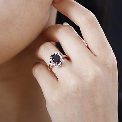 Tanzanian Wine Garnet, Natural Champagne and White Diamond Sunflower Ring in 18K Vermeil Rose Gold Over Sterling Silver (Size 10.0) 2.35 ctw
