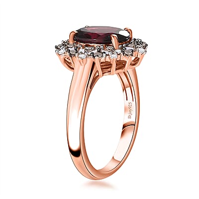 Tanzanian Wine Garnet, Natural Champagne and White Diamond Sunflower Ring in 18K Vermeil Rose Gold Over Sterling Silver (Size 10.0) 2.35 ctw