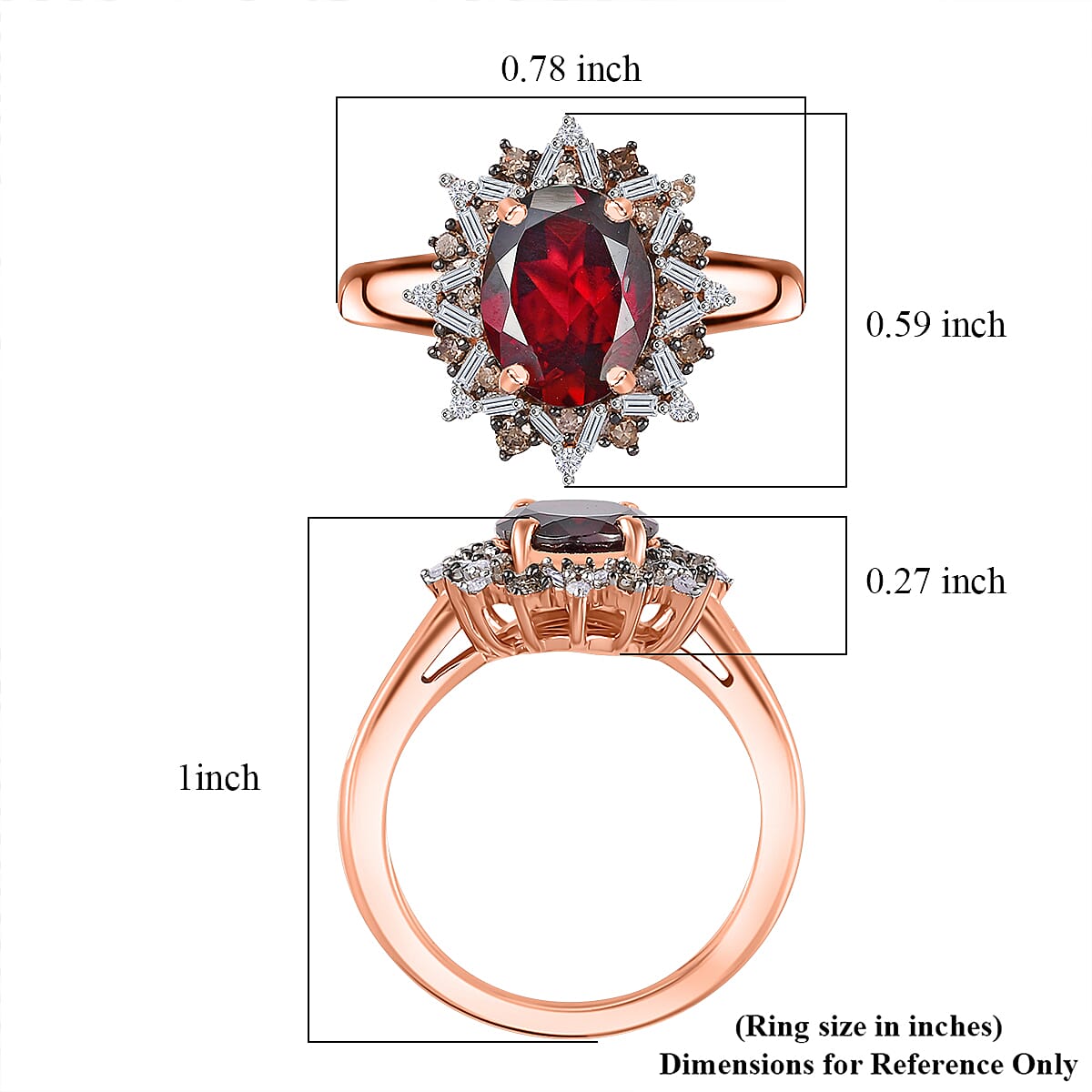 Tanzanian Wine Garnet, Natural Champagne and White Diamond Sunflower Ring in 18K Vermeil Rose Gold Over Sterling Silver (Size 10.0) 2.35 ctw