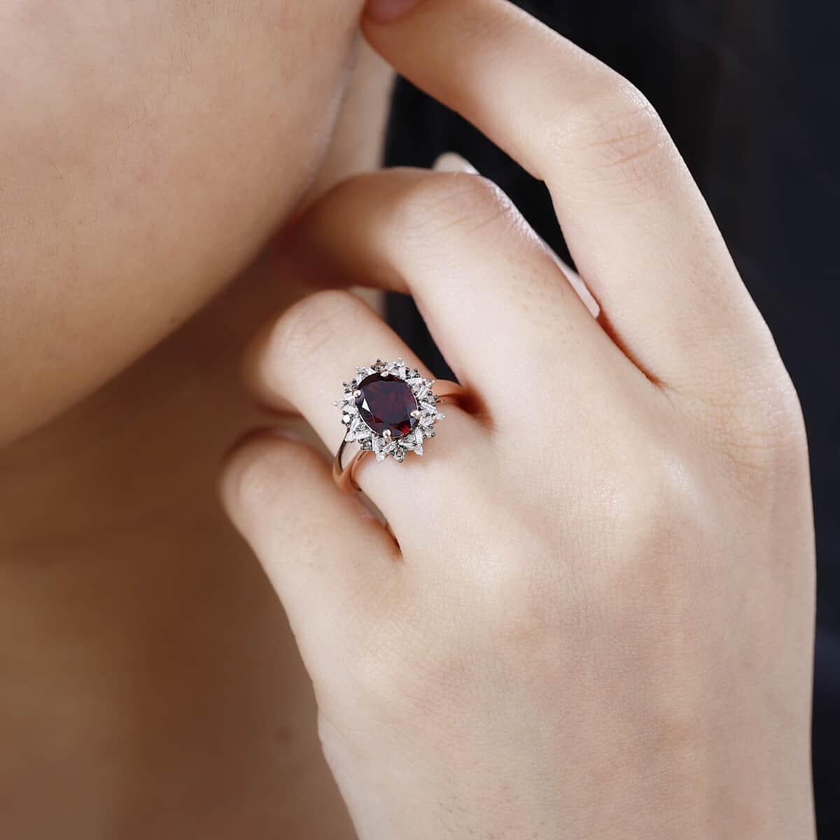 Tanzanian Wine Garnet, Natural Champagne and White Diamond Sunflower Ring in 18K Vermeil Rose Gold Over Sterling Silver (Size 6.0) 2.35 ctw image number 2
