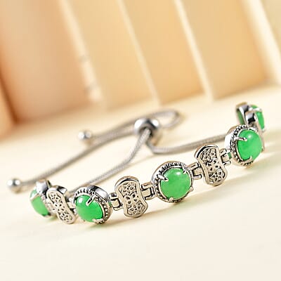 Green Jade (D) 9.15 ctw Bolo Bracelet in Stainless Steel